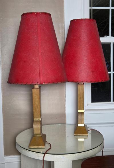 Pair Mid Century Brancusi Cerused Oak Lamps W Original Red Fiberglass Shades