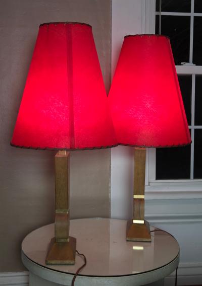 Pair Mid Century Brancusi Cerused Oak Lamps W Original Red Fiberglass Shades