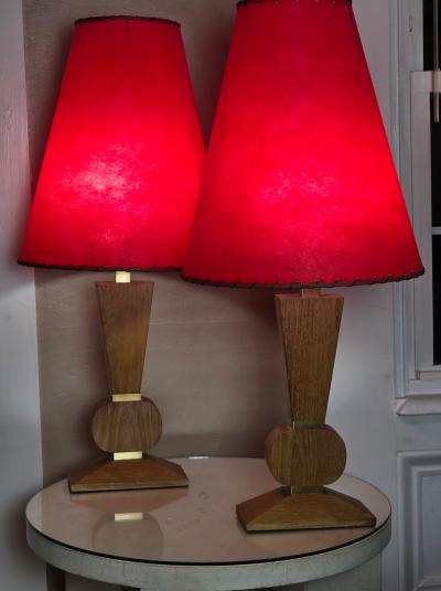 Pair Mid Century Brancusi Cerused Oak Lamps W Original Red Fiberglass Shades