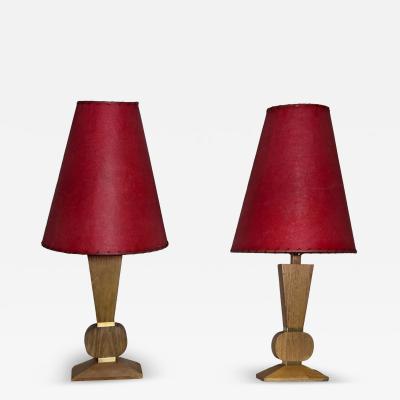 Pair Mid Century Brancusi Cerused Oak Lamps W Original Red Fiberglass Shades