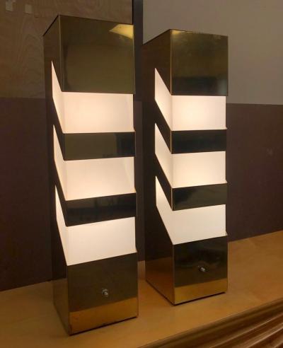 Pair Mid Century Modern Geometric Brass Lamps