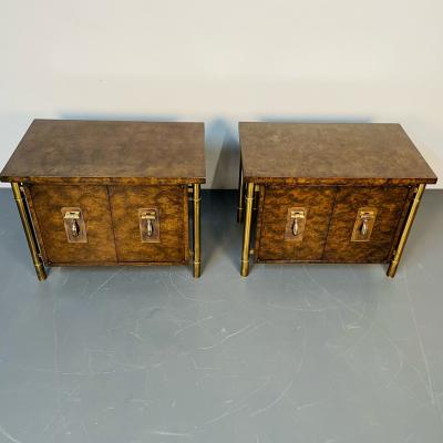 Pair Mid Century Modern Mastercraft Nightstands Floating Cabinets in Elm Brass