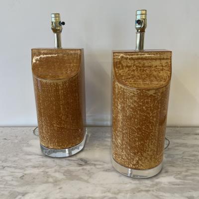 Pair Mid Century Modern Table Lamps Goatskin and Lucite Manner Karl Springer