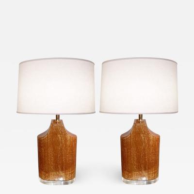 Pair Mid Century Modern Table Lamps Goatskin and Lucite Manner Karl Springer
