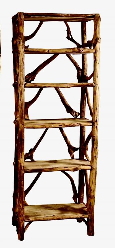 Pair Mid Century Tall Rustic Adirondak Style Bookcase
