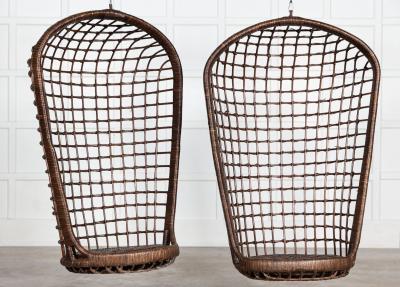 Pair MidC French Bamboo Rattan Swinging Egg Chairs