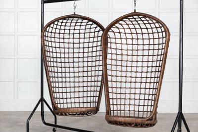 Pair MidC French Bamboo Rattan Swinging Egg Chairs
