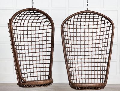 Pair MidC French Bamboo Rattan Swinging Egg Chairs