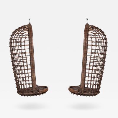 Pair MidC French Bamboo Rattan Swinging Egg Chairs