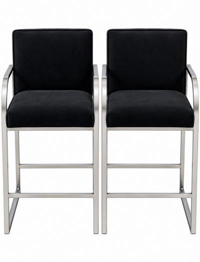 Pair Milo Baughman Velvet and Chrome Bar Stools 1970