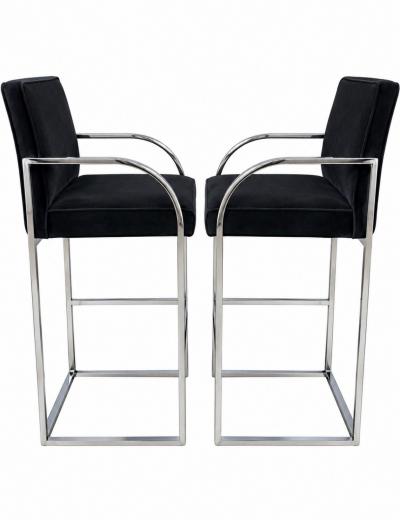 Pair Milo Baughman Velvet and Chrome Bar Stools 1970