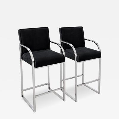 Pair Milo Baughman Velvet and Chrome Bar Stools 1970