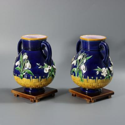 Pair Minton Majolica Floral Vases with Twin Handles