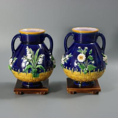 Pair Minton Majolica Floral Vases with Twin Handles