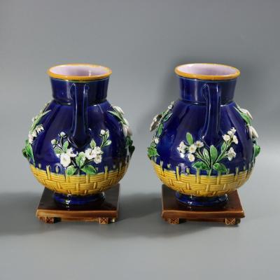 Pair Minton Majolica Floral Vases with Twin Handles