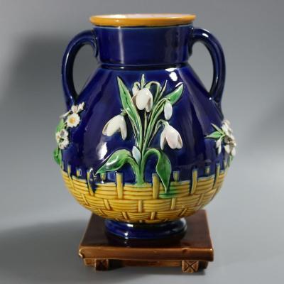 Pair Minton Majolica Floral Vases with Twin Handles