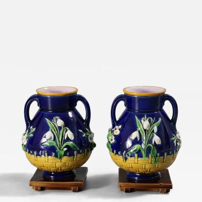 Pair Minton Majolica Floral Vases with Twin Handles