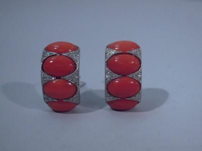 Pair Modern Diamond Platinum Coral Earrings C 1980