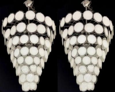 Pair Murano Disc Mid Century Modern Tiered Chandelier Antique Brass Monumental