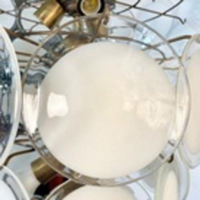 Pair Murano Disc Mid Century Modern Tiered Chandelier Antique Brass Monumental