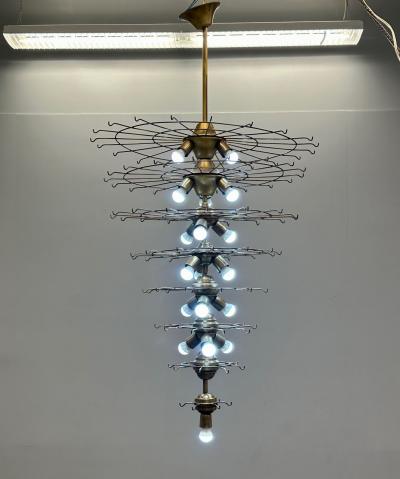 Pair Murano Disc Mid Century Modern Tiered Chandelier Antique Brass Monumental