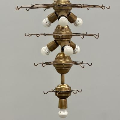 Pair Murano Disc Mid Century Modern Tiered Chandelier Antique Brass Monumental