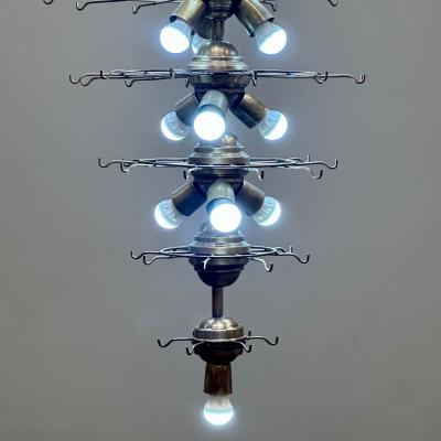 Pair Murano Disc Mid Century Modern Tiered Chandelier Antique Brass Monumental