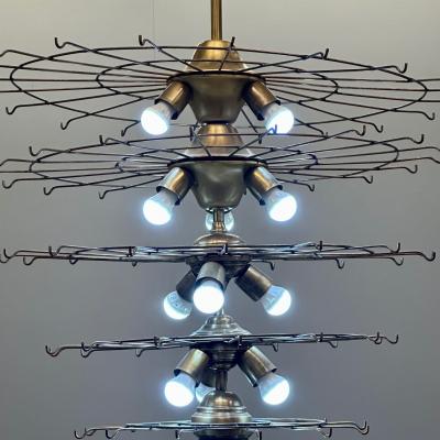 Pair Murano Disc Mid Century Modern Tiered Chandelier Antique Brass Monumental