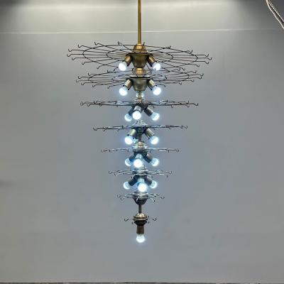Pair Murano Disc Mid Century Modern Tiered Chandelier Antique Brass Monumental