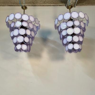 Pair Murano Disc Mid Century Modern Tiered Chandelier Antiqued Brass New Wired