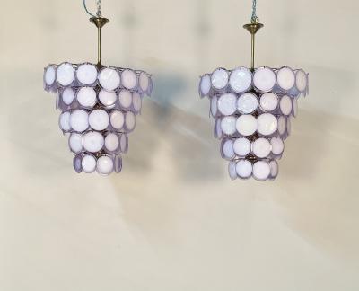 Pair Murano Disc Mid Century Modern Tiered Chandelier Antiqued Brass New Wired