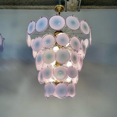 Pair Murano Disc Mid Century Modern Tiered Chandelier Antiqued Brass New Wired