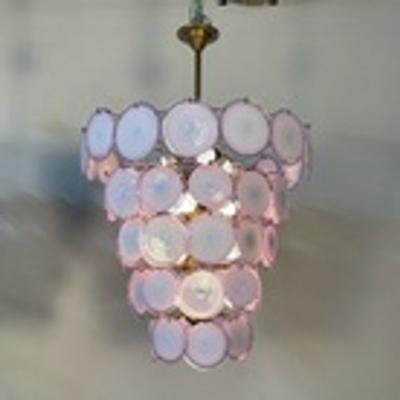 Pair Murano Disc Mid Century Modern Tiered Chandelier Antiqued Brass New Wired