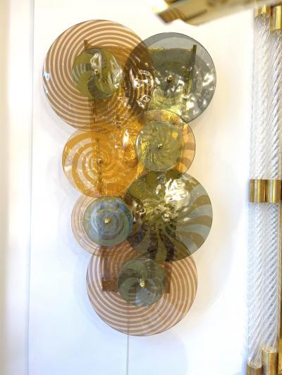 Pair Murano Glass Discs and Brass Sconces in Sage Green Taupe Amber and Pink