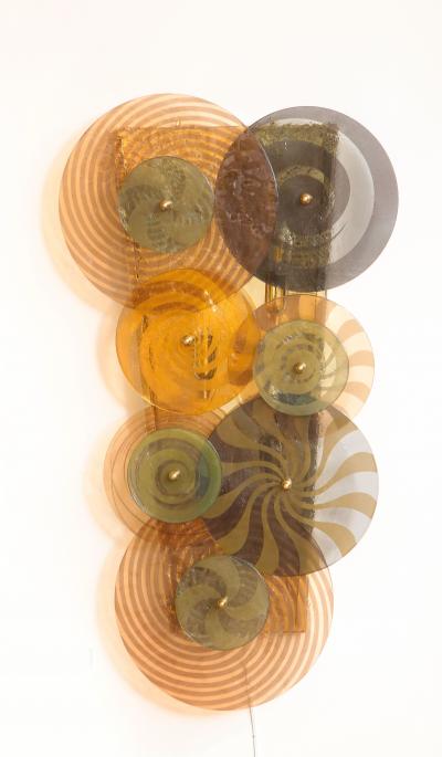 Pair Murano Glass Discs and Brass Sconces in Sage Green Taupe Amber and Pink