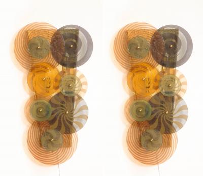 Pair Murano Glass Discs and Brass Sconces in Sage Green Taupe Amber and Pink