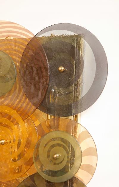 Pair Murano Glass Discs and Brass Sconces in Sage Green Taupe Amber and Pink