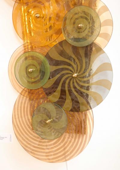 Pair Murano Glass Discs and Brass Sconces in Sage Green Taupe Amber and Pink