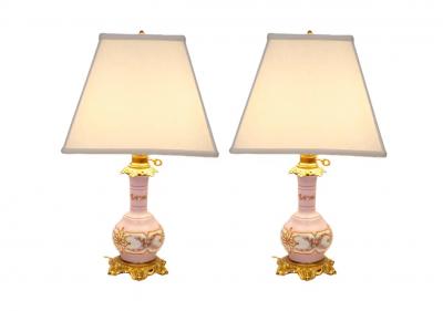 Pair Neoclassical Style Porcelain Lamps Gilt Bronze Base