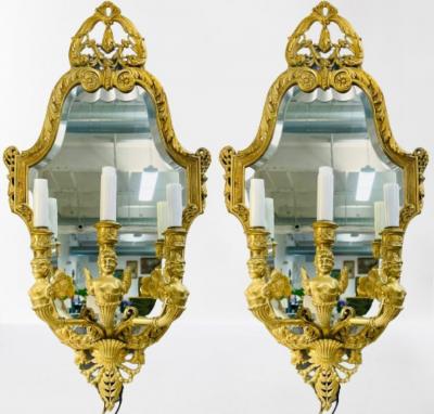 Pair Neoclassical Style Wall Sconces Bronze Three Arm Light with Fairy Figures