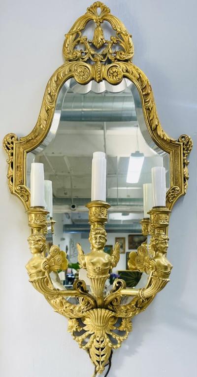 Pair Neoclassical Style Wall Sconces Bronze Three Arm Light with Fairy Figures