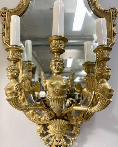 Pair Neoclassical Style Wall Sconces Bronze Three Arm Light with Fairy Figures