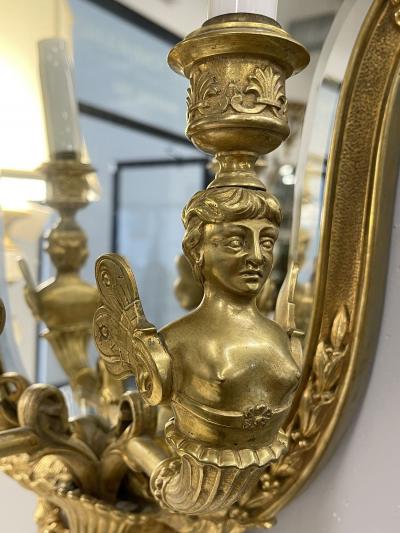 Pair Neoclassical Style Wall Sconces Bronze Three Arm Light with Fairy Figures