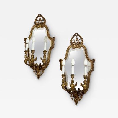 Pair Neoclassical Style Wall Sconces Bronze Three Arm Light with Fairy Figures