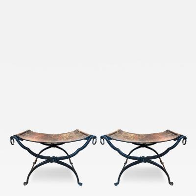 Pair Of 19th Century Italian Iron And Leather Benches