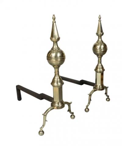 Pair Of American Brass Steeple Top Andirons
