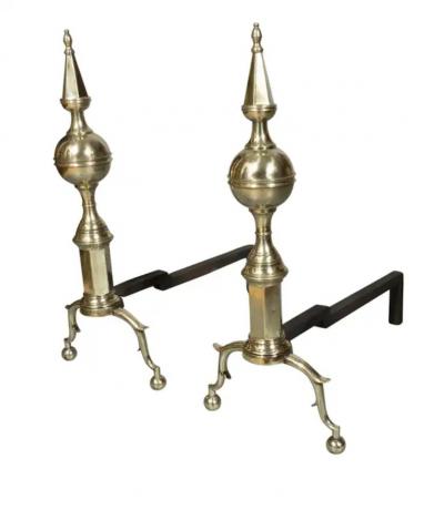 Pair Of American Brass Steeple Top Andirons