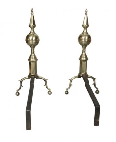 Pair Of American Brass Steeple Top Andirons