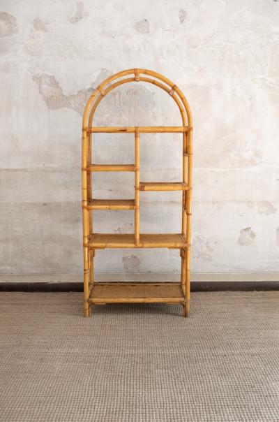 Pair Of Arched Bamboo Bookcases With Woven Rush Fabric 1970s