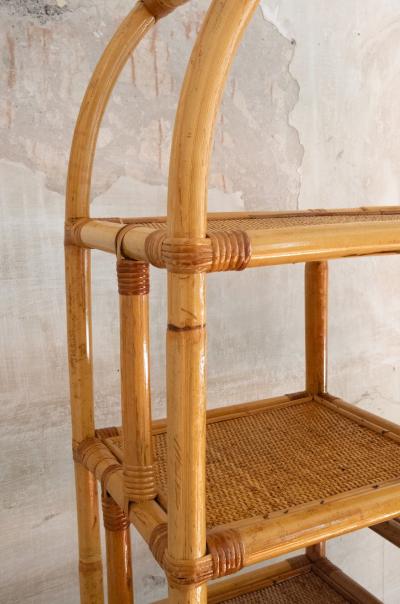 Pair Of Arched Bamboo Bookcases With Woven Rush Fabric 1970s